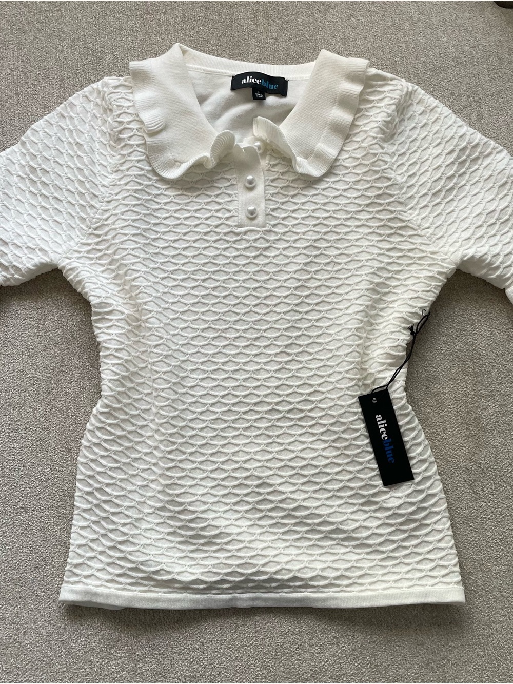 Alice Blue Cream Textured Short-Sleeve Polo Sweater